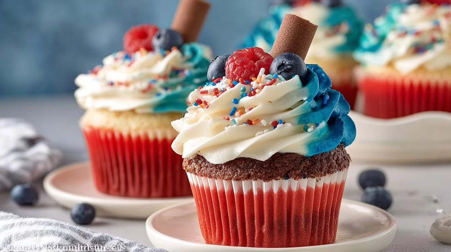 Festive patriotic cupcakes for Fourth of July with red, white, and blue decoration.