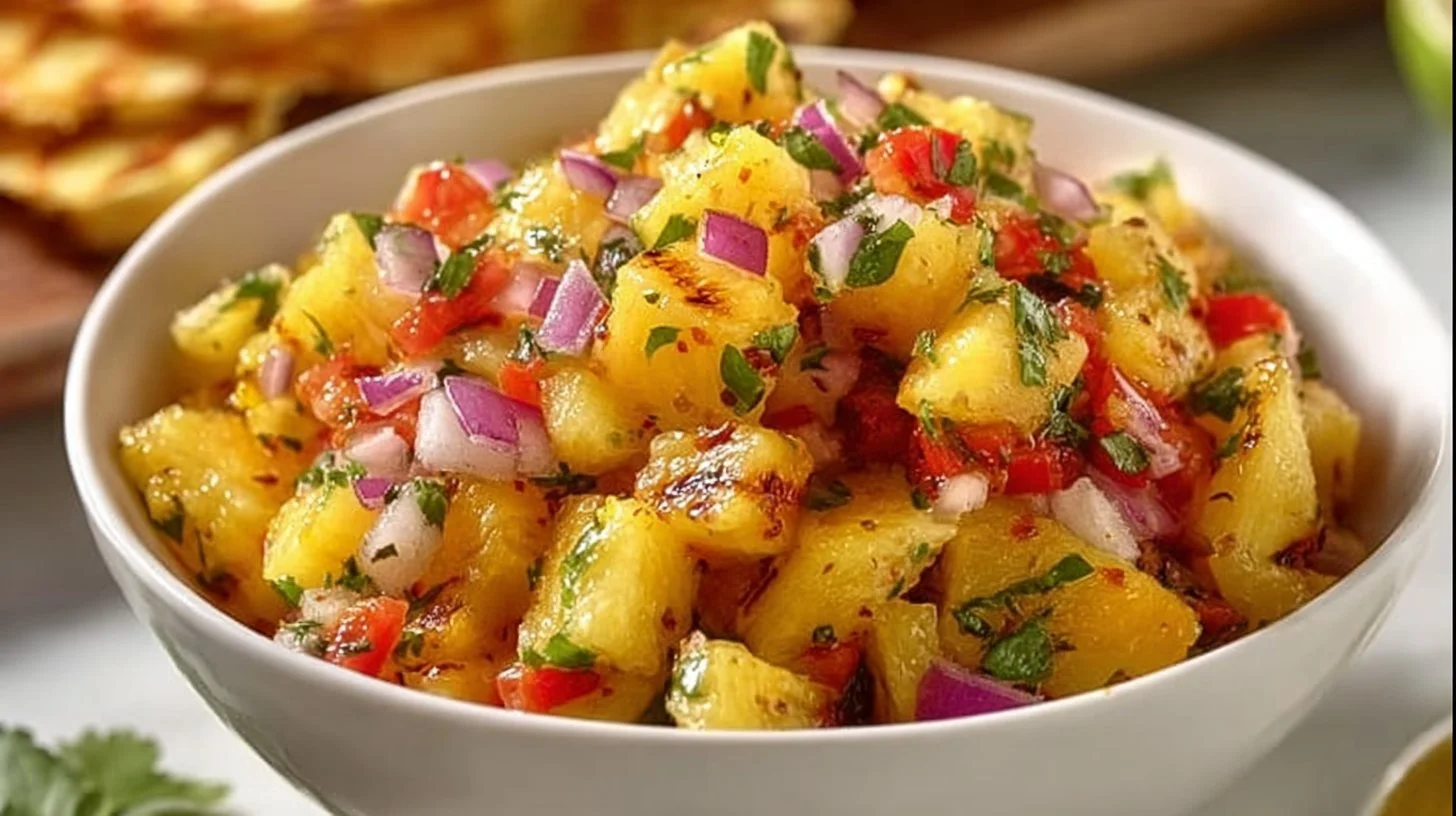 A vibrant bowl of pineapple salsa with colorful ingredients and fresh herbs.