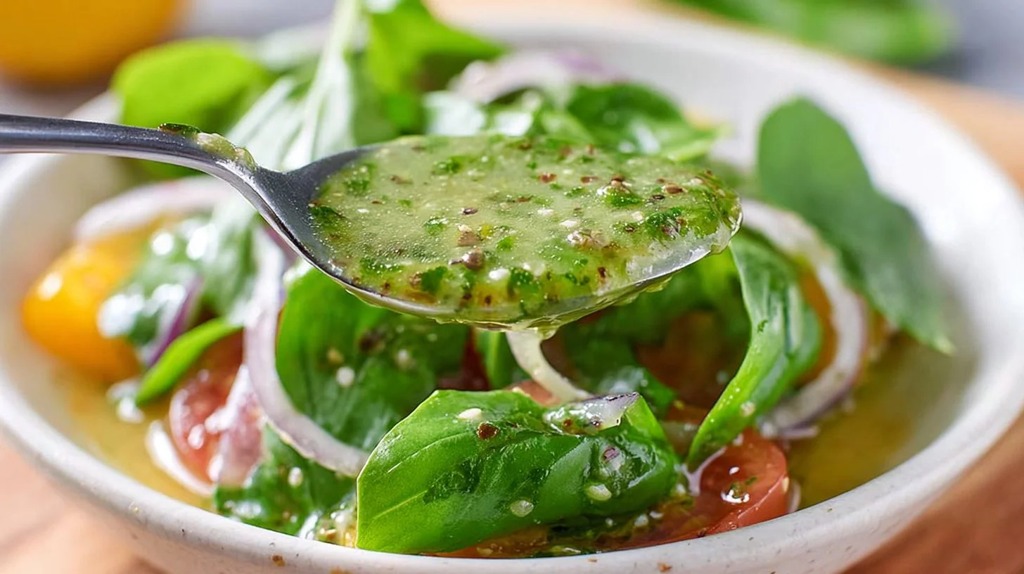 Quick basil-infused vinaigrette drizzled over a fresh salad