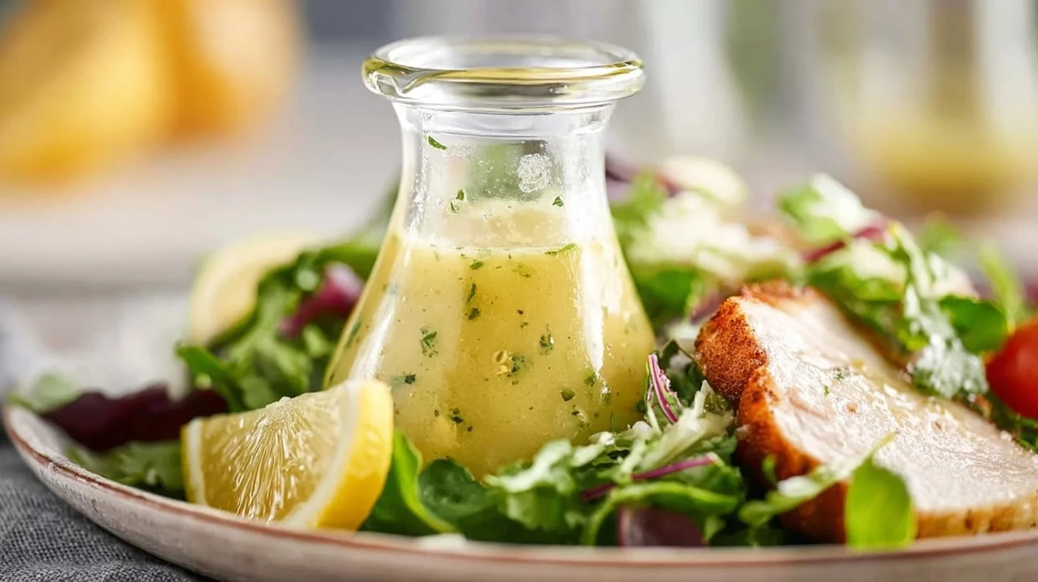 Bowl of quick lemon vinaigrette dressing with fresh lemons and herbs