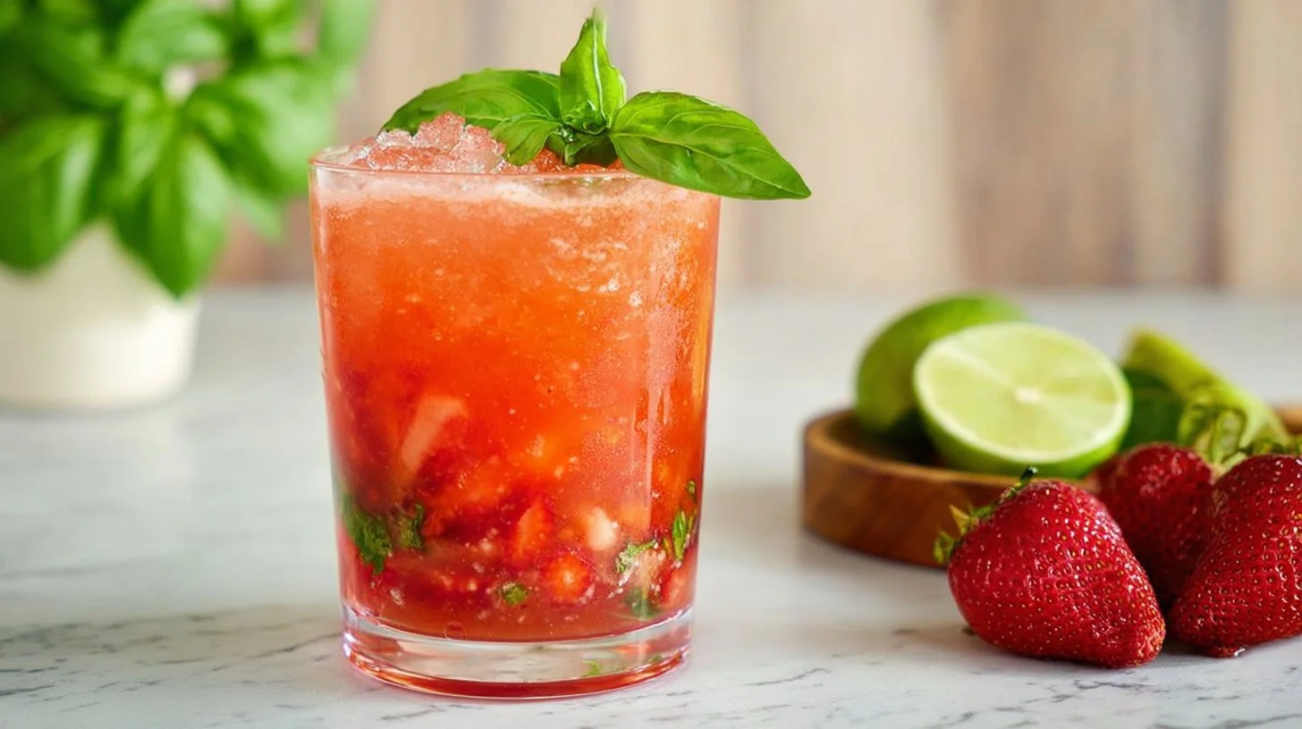Refreshing strawberry basil mocktail garnished with fresh herbs and berries