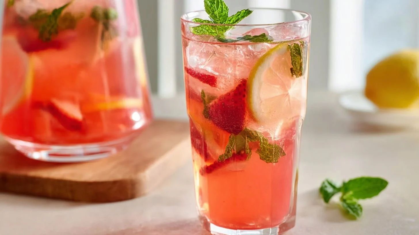 Refreshing strawberry mint lemonade in a glass with sliced strawberries and mint leaves