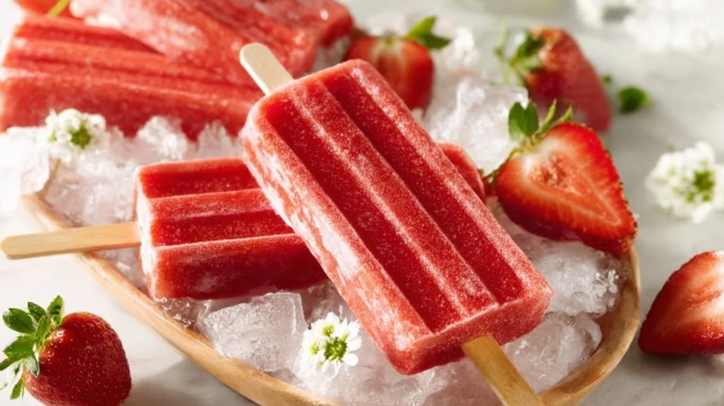 Delicious strawberry yogurt popsicles ready to be enjoyed on a sunny day