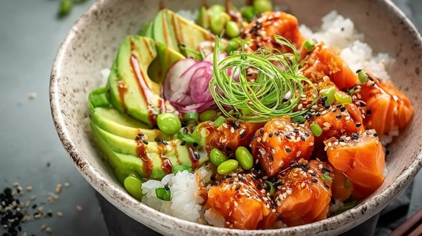 Colorful salmon sushi bowl with fresh ingredients and toppings