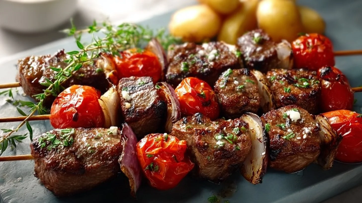 Juicy steak kebabs grilled to perfection with vegetables and spices.