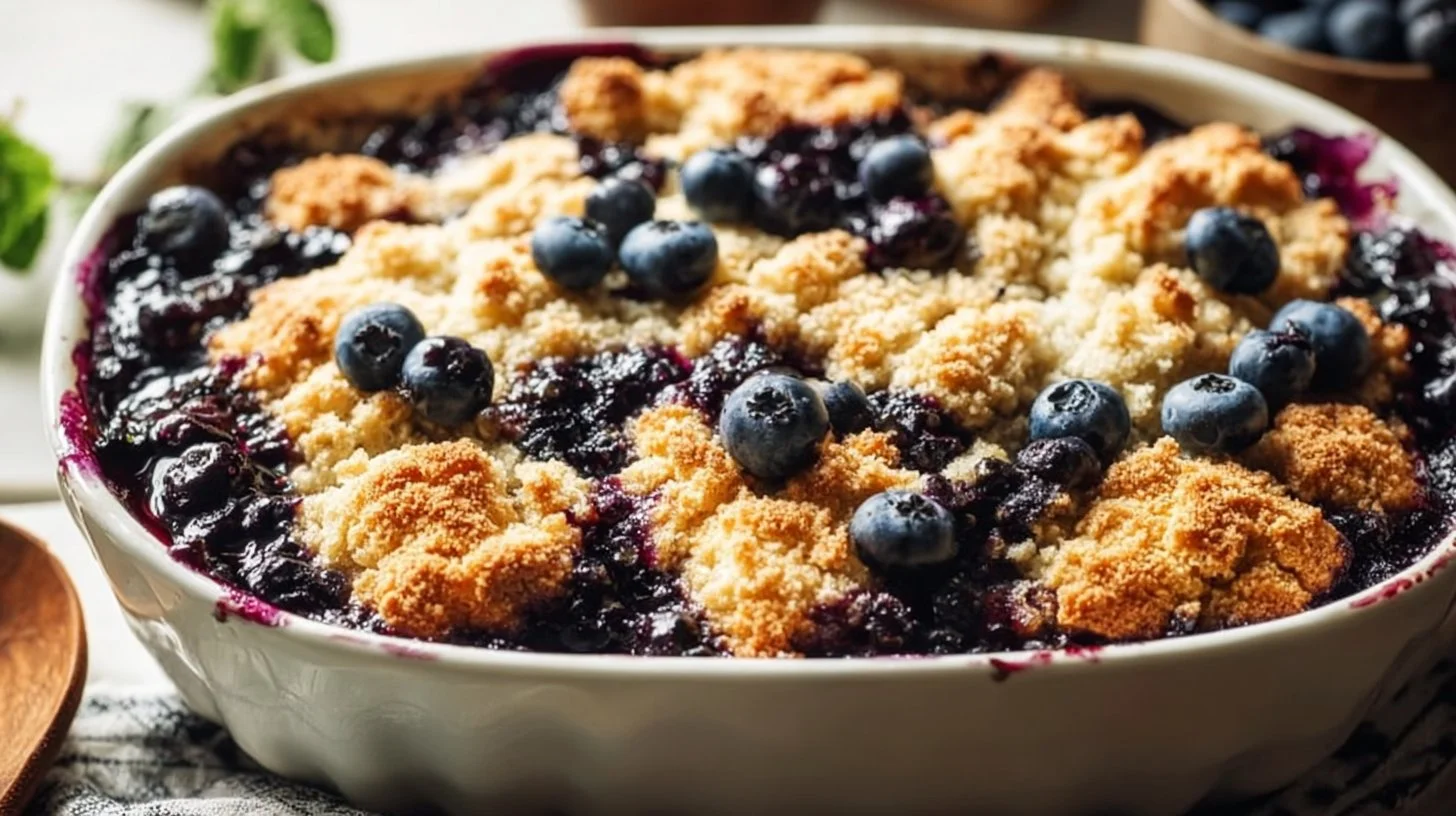 Delicious vegan blueberry cobbler served in a baking dish