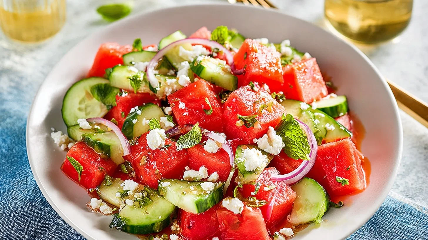 Fresh watermelon salad topped with honey lime dressing in a bowl