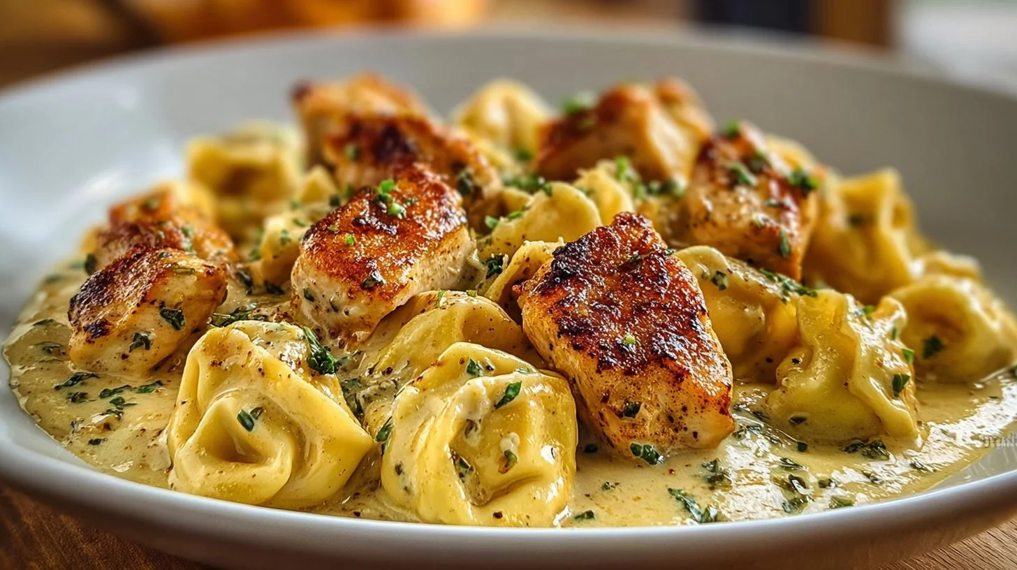 Cajun Chicken Tortellini served in creamy garlic sauce on a plate