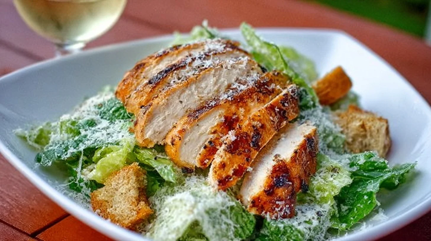 Creamy Caesar salad topped with herb grilled chicken, a delicious midweek meal.