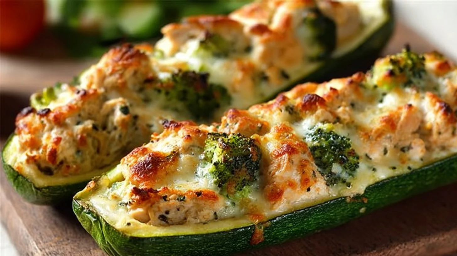 Wholesome chicken with broccoli and zucchini boats on a plate, ready to serve.